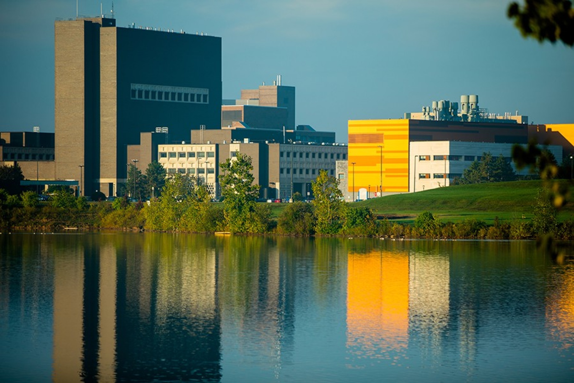 view of North Campus across Lake LaSalle. 