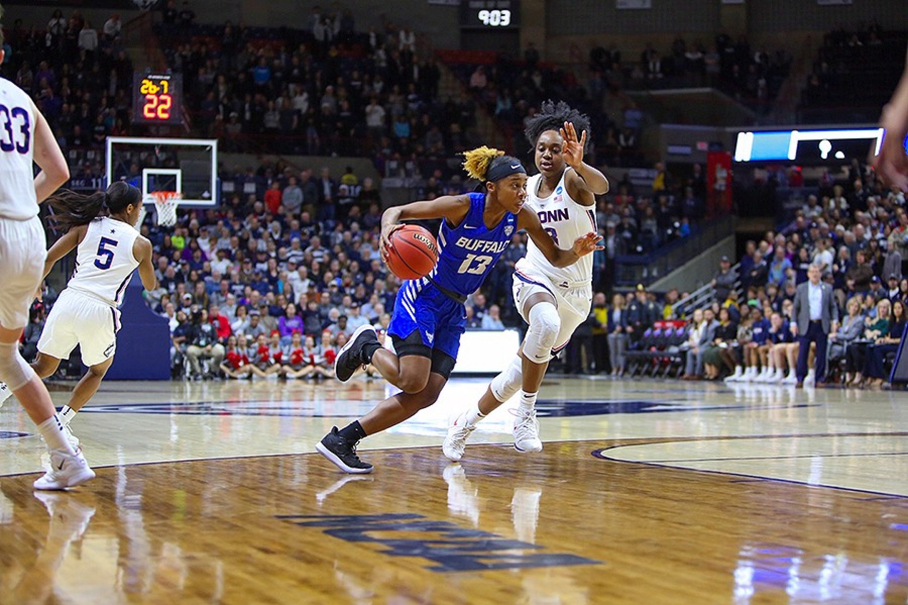 Autumn Jones has a step on her UConn defender.Autumn Jones. 