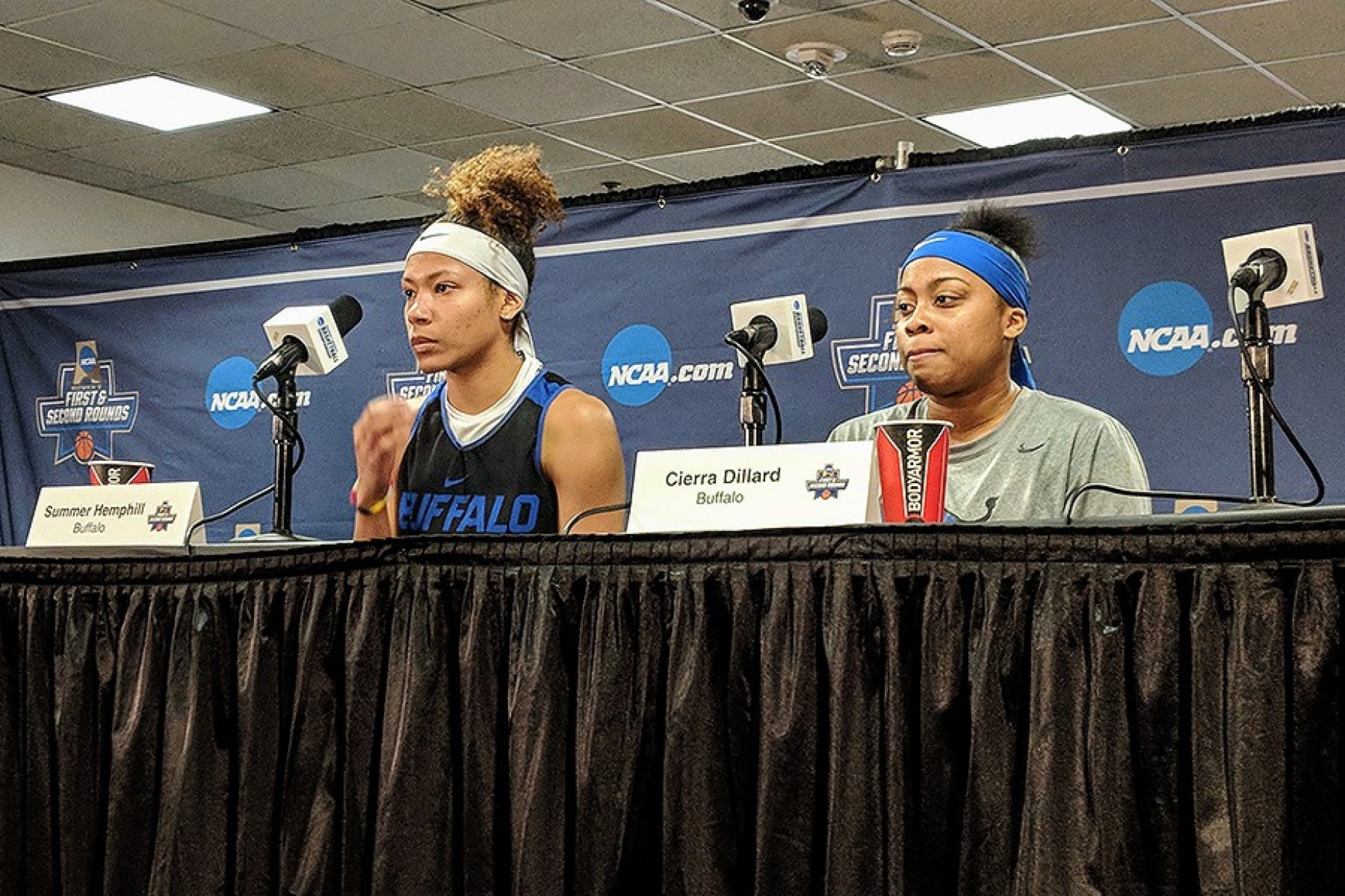 Summer Hemphill (left) and Cierra Dillard take questions from the press during media day on Thursday. 
