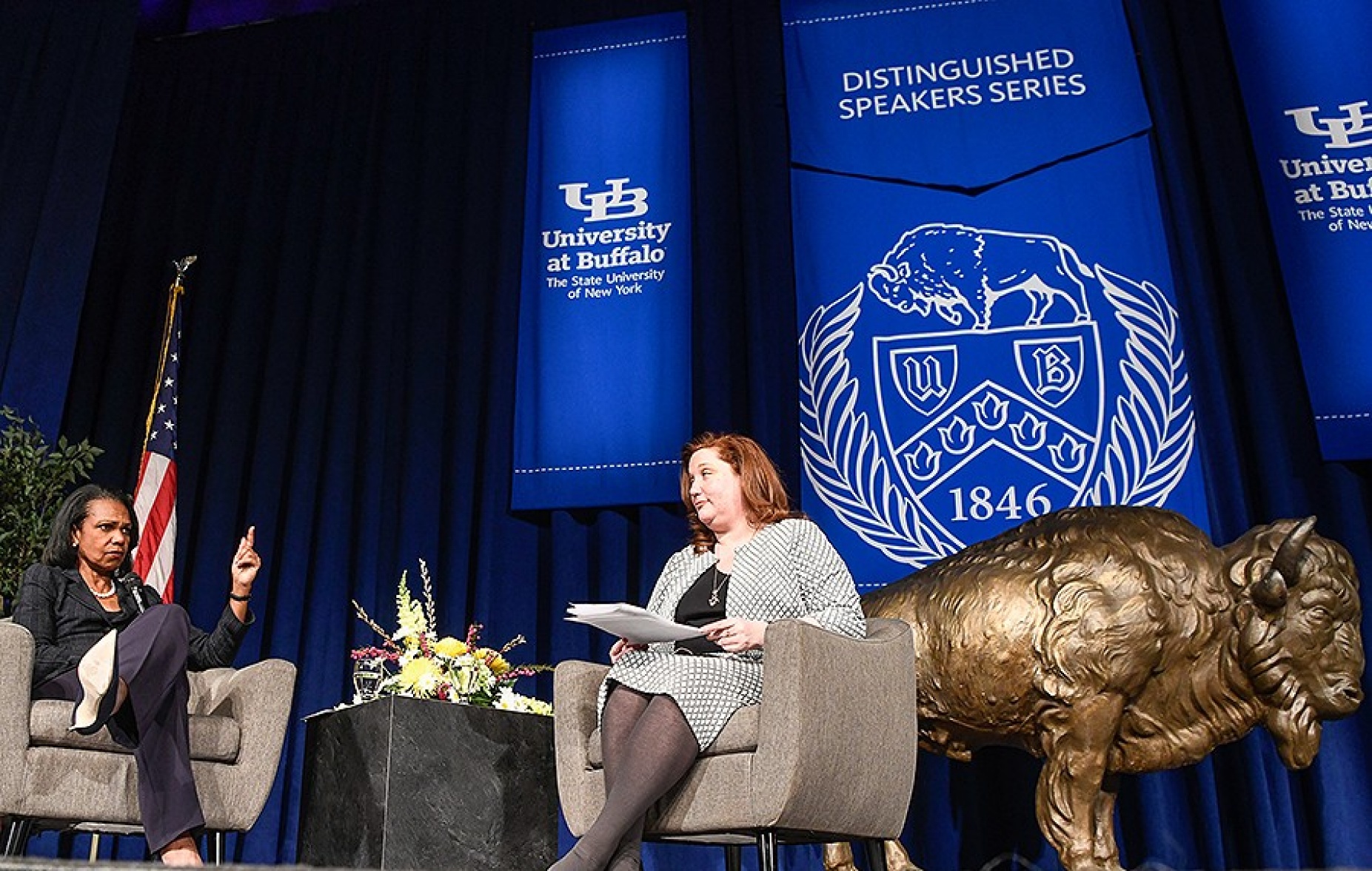 Condoleezza Rice (left), seated on stage with Law School Dean Aviva Abramovsky, answers questions from the audience. 