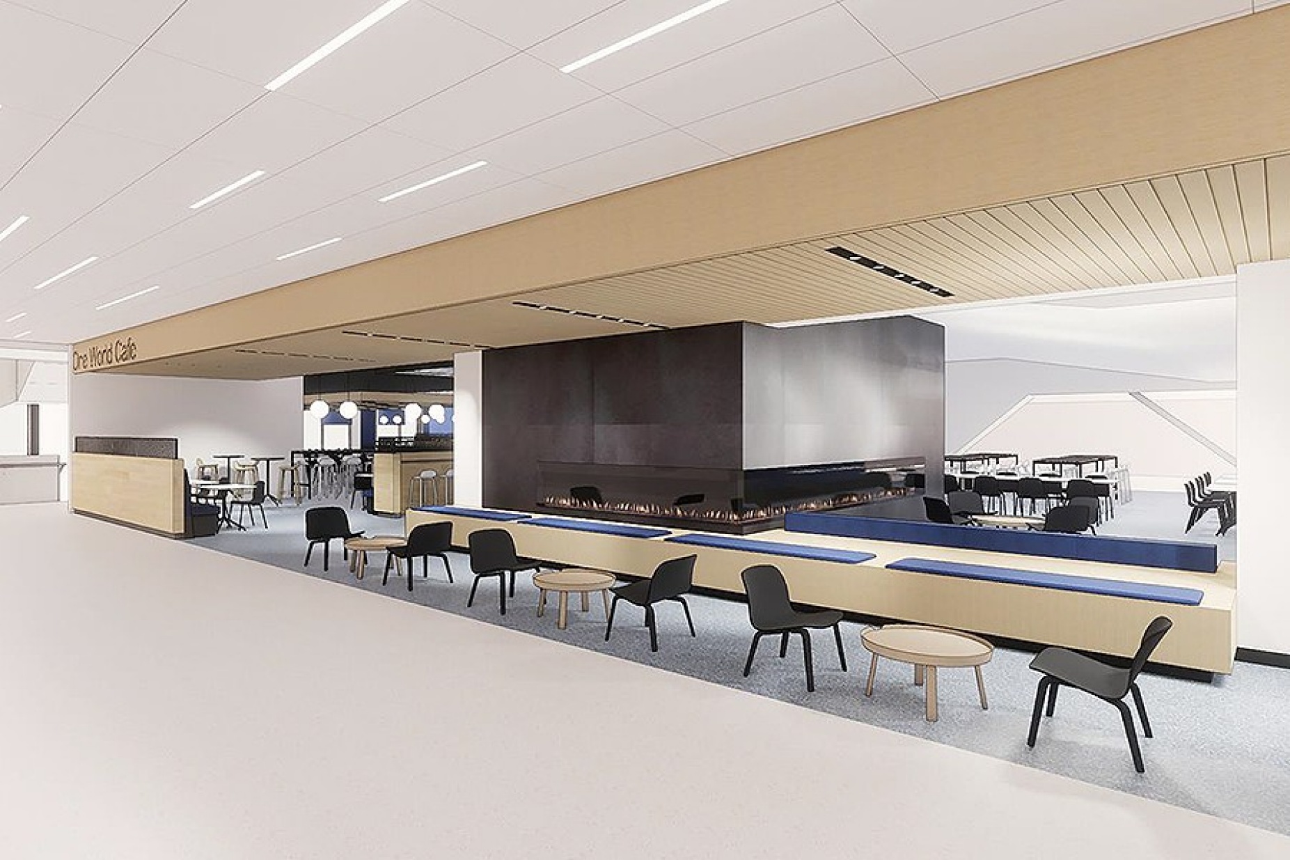 Rendering of One World Caf&eacute; interior from the hearth perspective. 