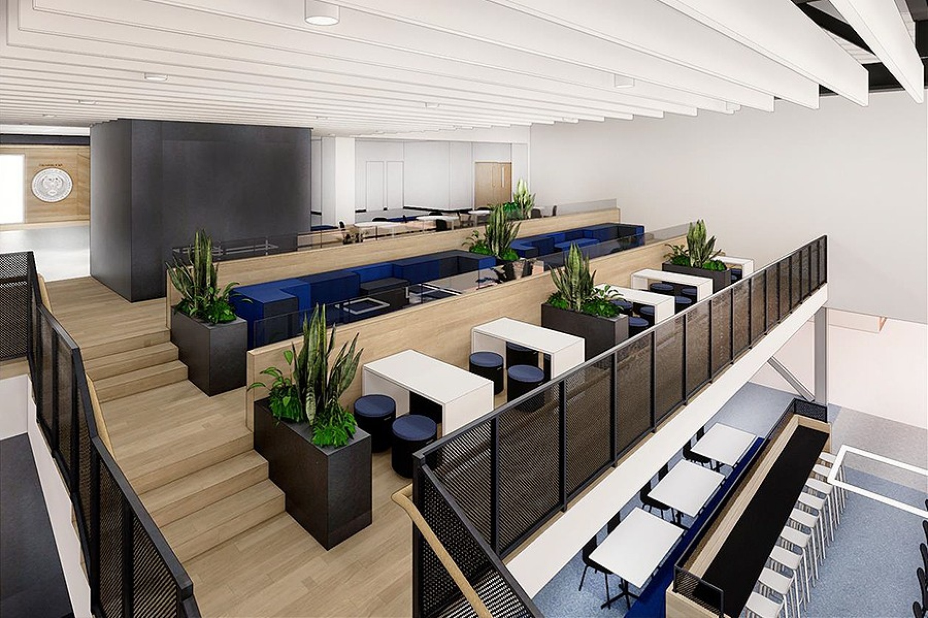 Rendering of One World Caf&eacute; interior from the tiered seating perspective. 
