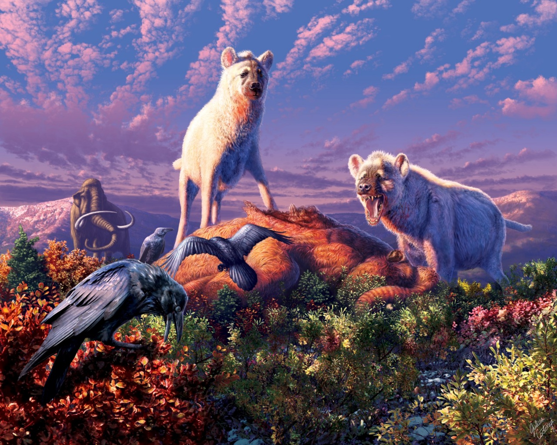Artist's rendering of two hyenas with white coats in an Arctic environment under a partially cloudy sky. 