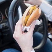 Person eating a fast food cheeseburger while driving. 