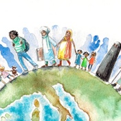 Conceptual illustration of citizens of the world walking around a globe. 