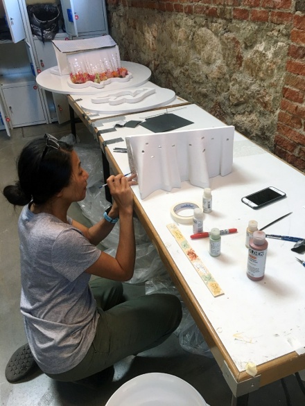 Zoom image: Joyce Hwang paints plaster casts to be installed as part of her exhibition in Madrid. 