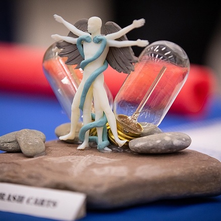 Zoom image: A 3D-printed company logo from one of the UB BLAST teams. Photo: Douglas Levere 