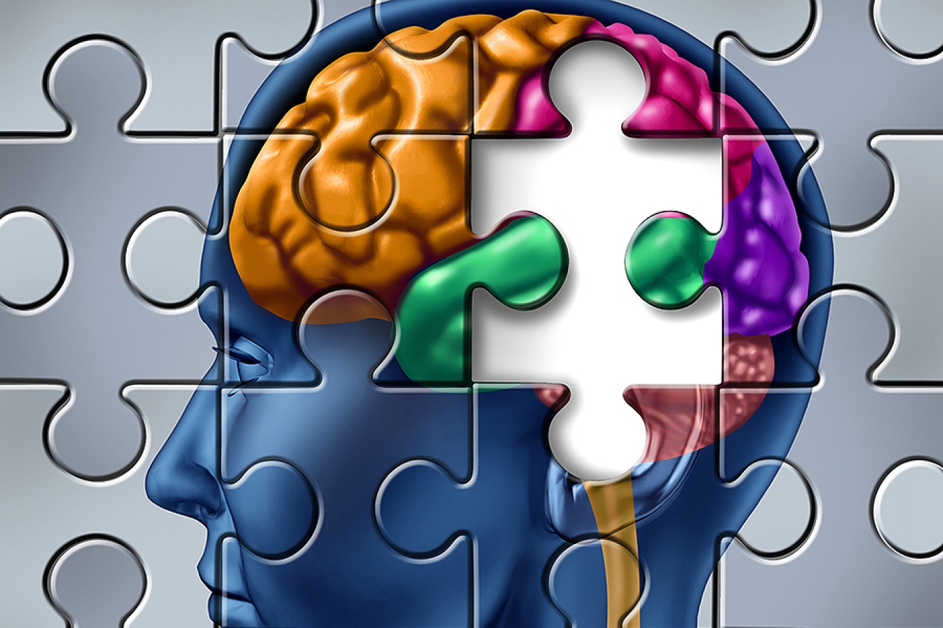 Puzzle of head and brain with missing piece. 