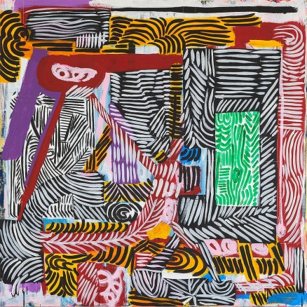 Zoom image: Pam Glick, &quot;Dream House III, Niagara—USA—Canada&quot; (detail), 2019. Flashe, water-based enamel, graphite on canvas, 60 x 60 inches Collection of the artist. Image by Nicholas Ostness. 