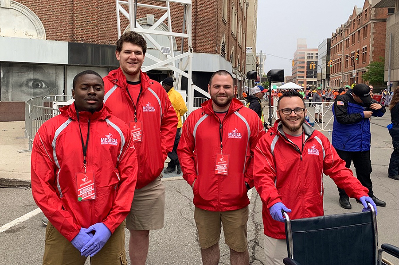 Tyler Farnell and other athletic training students who responded to a runner who collapsed at the Buffalo Marathon. 