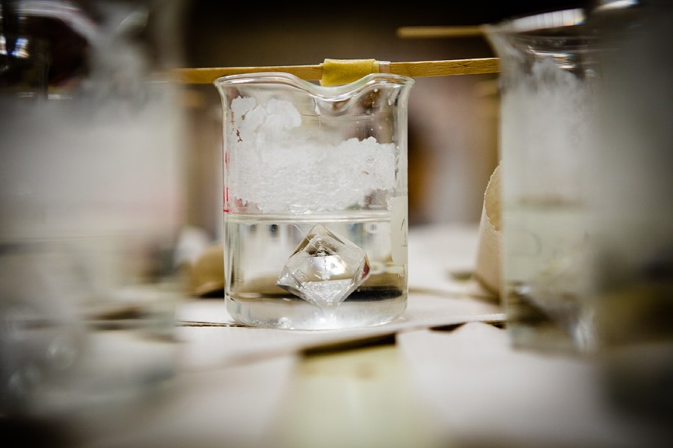 A crystal growing in a beaker. 