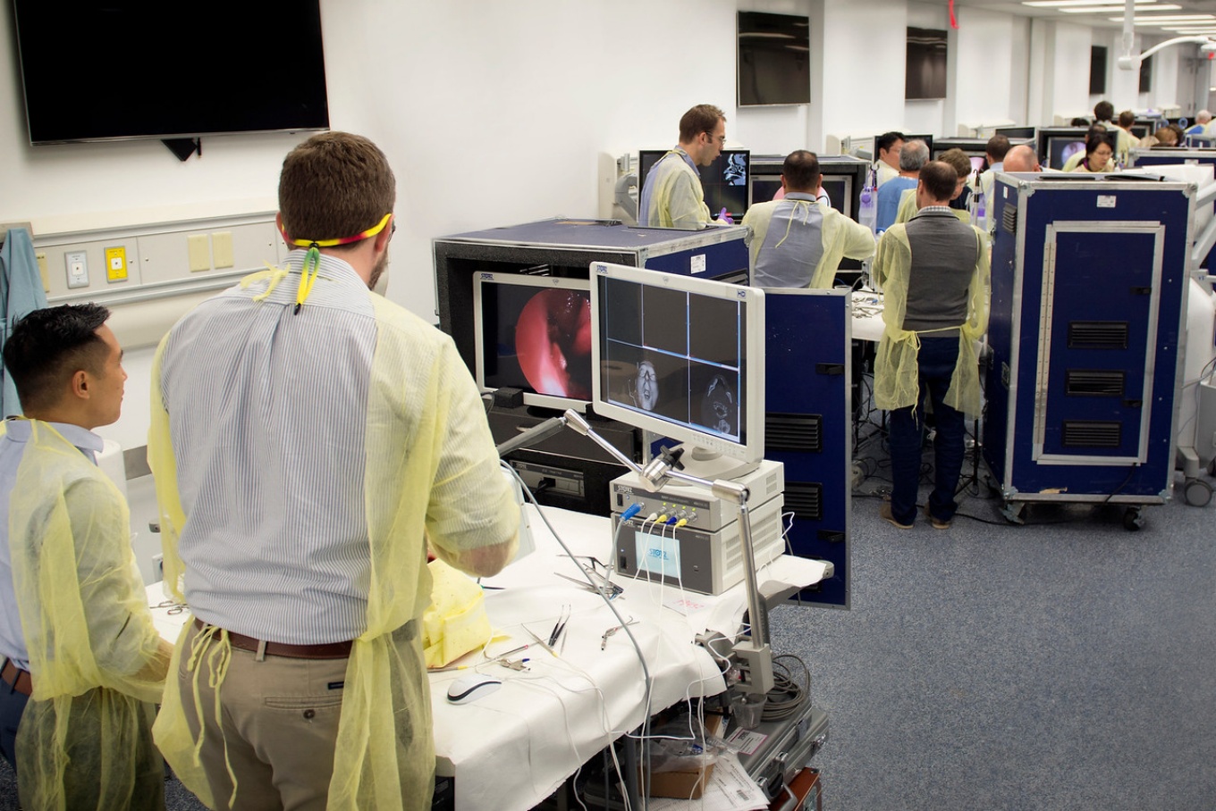 Otolaryngology residents Adrian Ong and Philip Persino practice sinus surgery during Rhinofest 2019 at the Jacobs School building. 