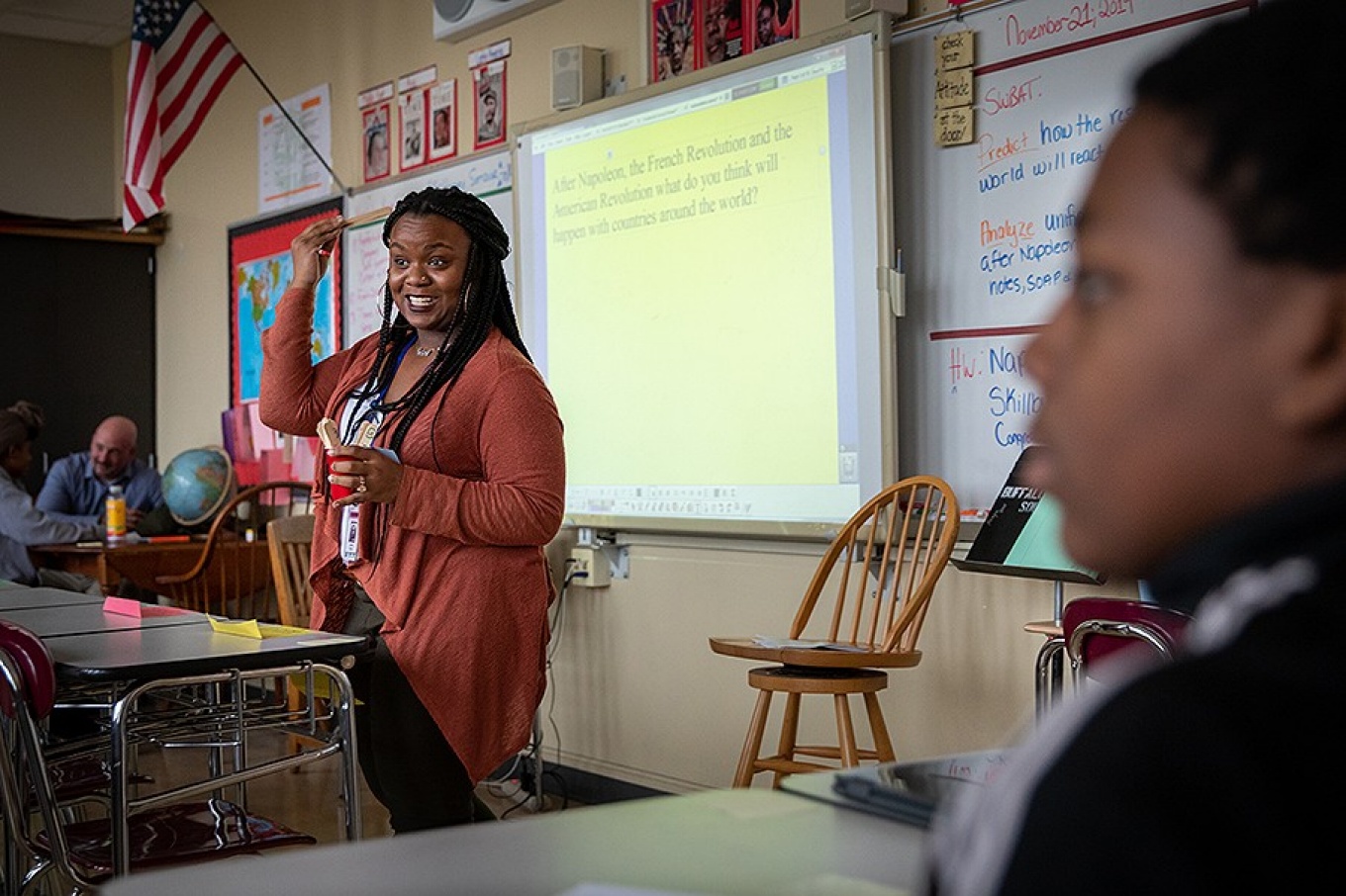 Sydney Favors, a resident teacher, leading a class at South Park High School. 