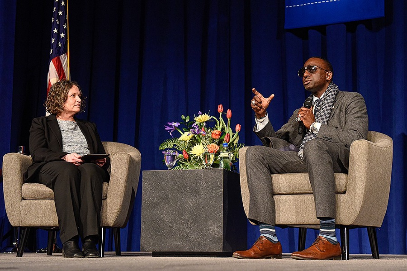 Zoom image: Yusef Salaam responds to a question. Suzanne Rosenblith, dean of the Graduate School of Education, moderated the question-and-answer session after Salaam's remarks. Photo: Joe Cascio 
