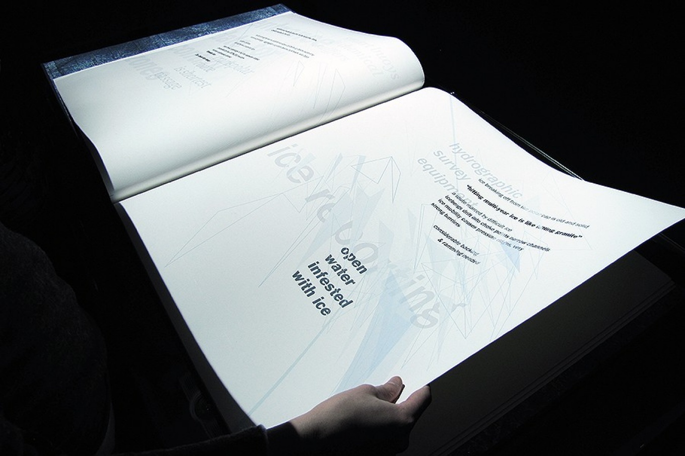 Zoom image: A unique, very large format, hybrid print-digital book of poems based on archival research across scientific, geographic, economic, literary and political fields on the history of Arctic “exploration” and contemporary Arctic geopolitics and environmental degradation, including the rise of microplastics and extractive industries. Image: Courtesy of the artists 