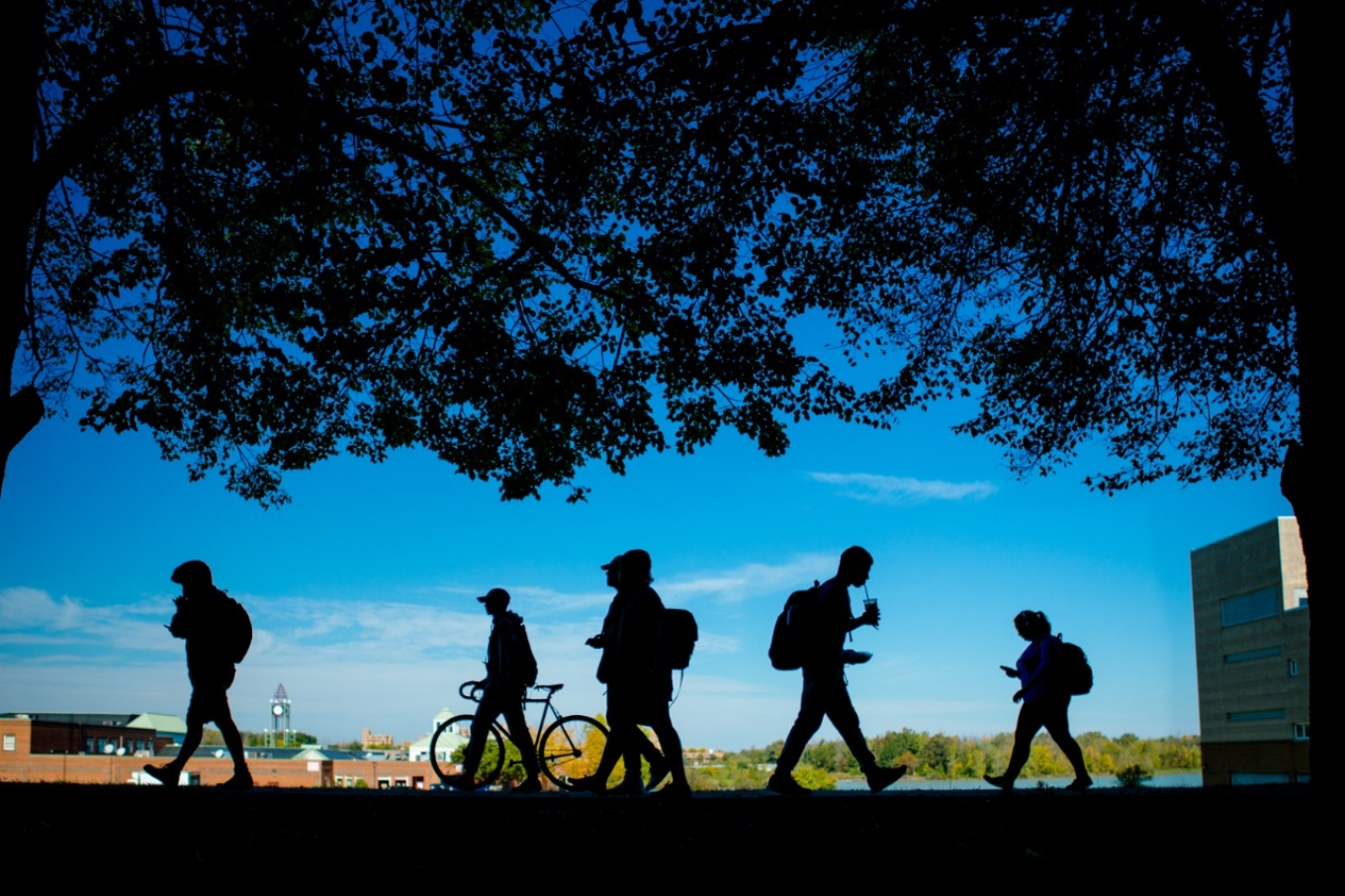 Students in silhouette walking. 