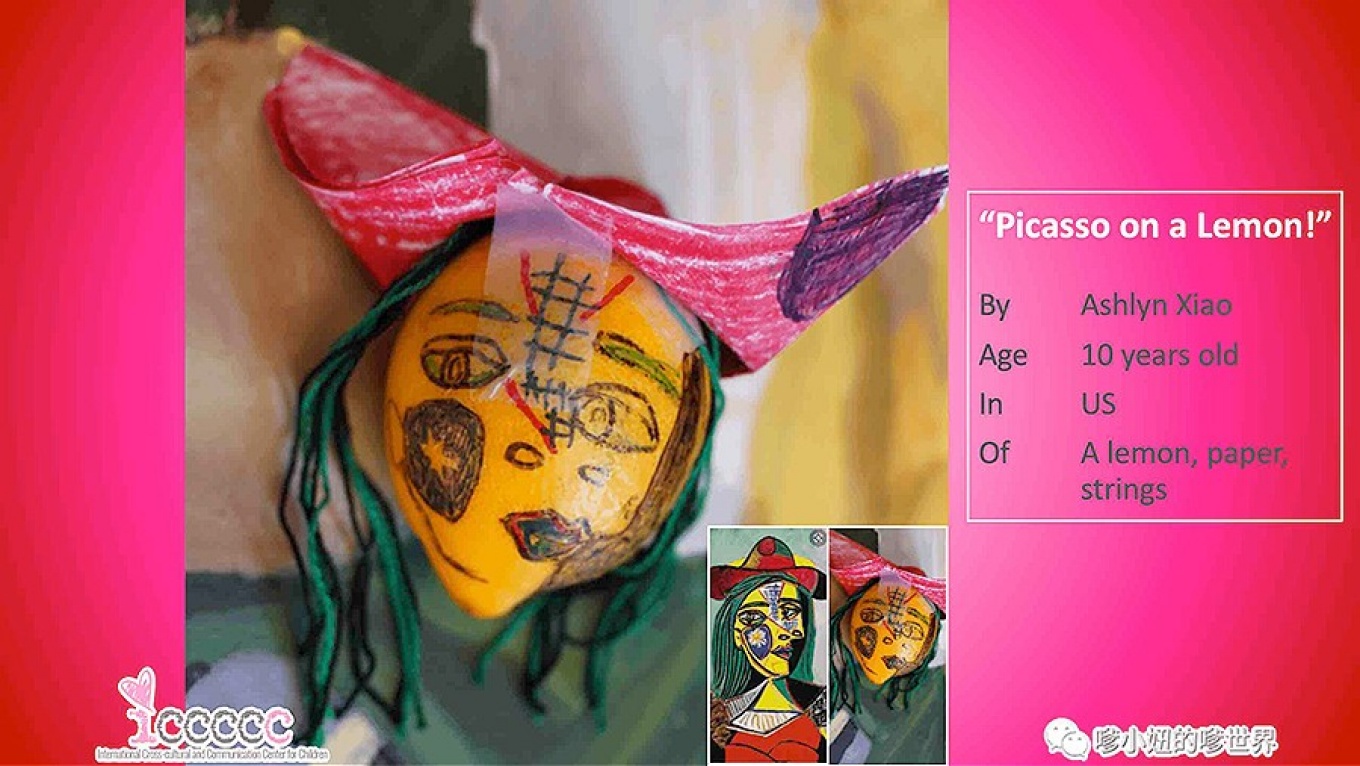 Zoom image: &quot;Picasso on a Lemon!&quot; by Ashlyn Xiao, age 10 from the United States, using a lemon, paper and string. 