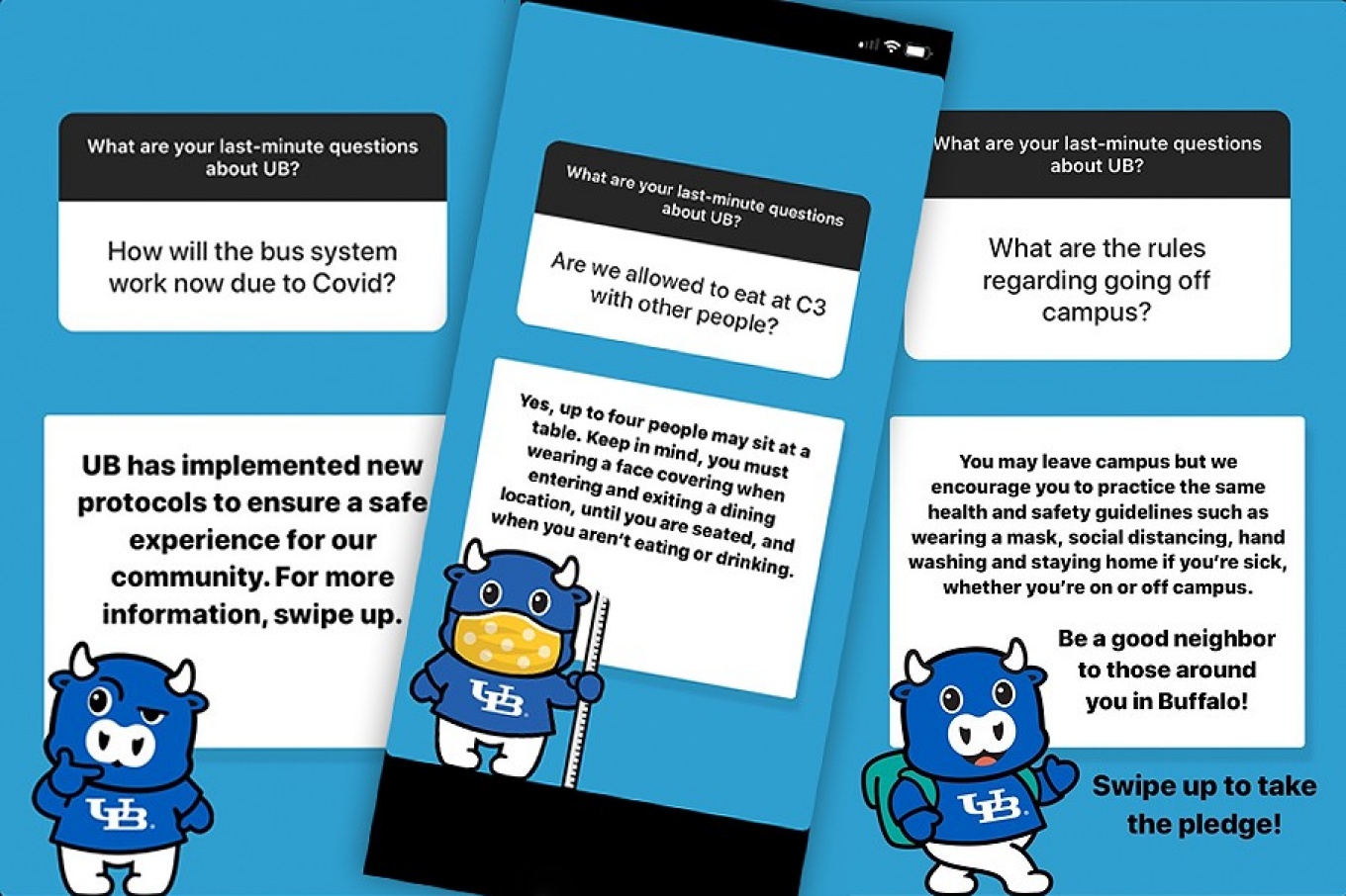Zoom image: Screen captures from Instagram of student and parent questions about UB’s health and safety precautions, and campus resources during the pandemic. 