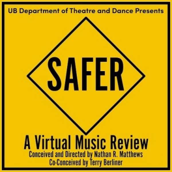 Event poster for "SAFER: A virtual music review". Poster includes a yellow box with show name in black.