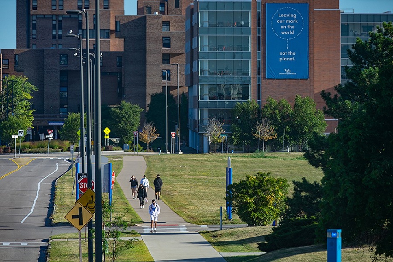 Students walking to campus on the first day of classes , August 2020. 