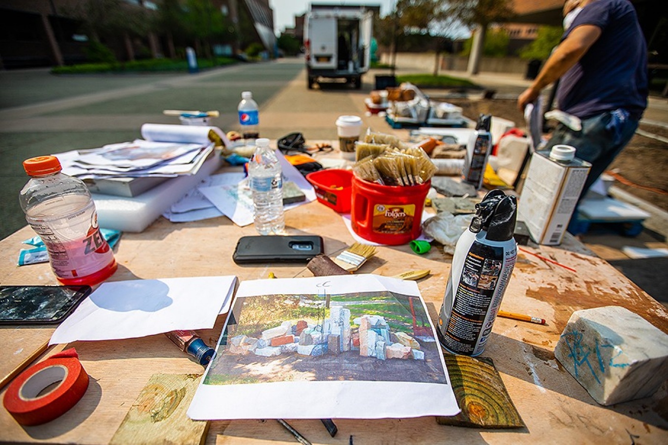 Zoom image: A work table that was set up as the artists began the installation. Photo: Douglas Levere 