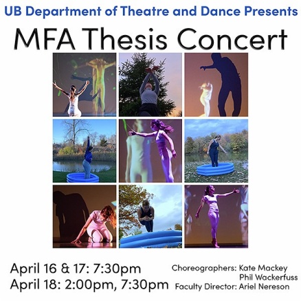 Promotional graphic for a Department of Theatre and Dance performance of MFA Dance Thesis Concert. 