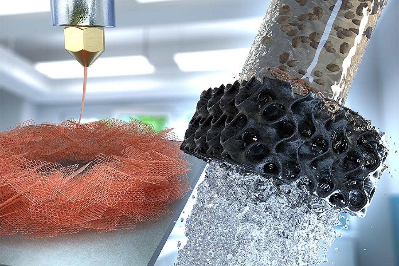 An illustrations depicts the process of 3D printing the graphene aerogel, and its use as a water filter. 