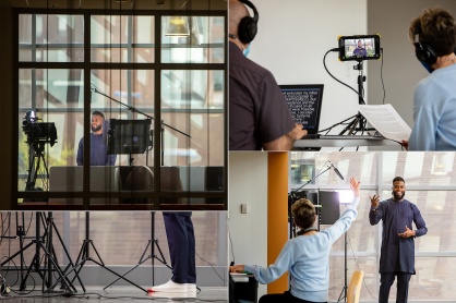 Zoom image: Barnard Onyenucheya (top left), a doctoral candidate in the Department of Electrical Engineering, in the David Hall atrium on April 16. Top right, Paul Calandra (left) and Regina Ticco listen closely to Onyenucheya's speech, checking it against what was originally written and insuring he speaks clearly. Bottom left, the red bean bag marks the spot to stand to keep the speaker in the frame correctly. Bottom right, Ticco and Onyenucheya share a moment at the end of the recording, as they joke about how difficult it is to speak without using your hands. 