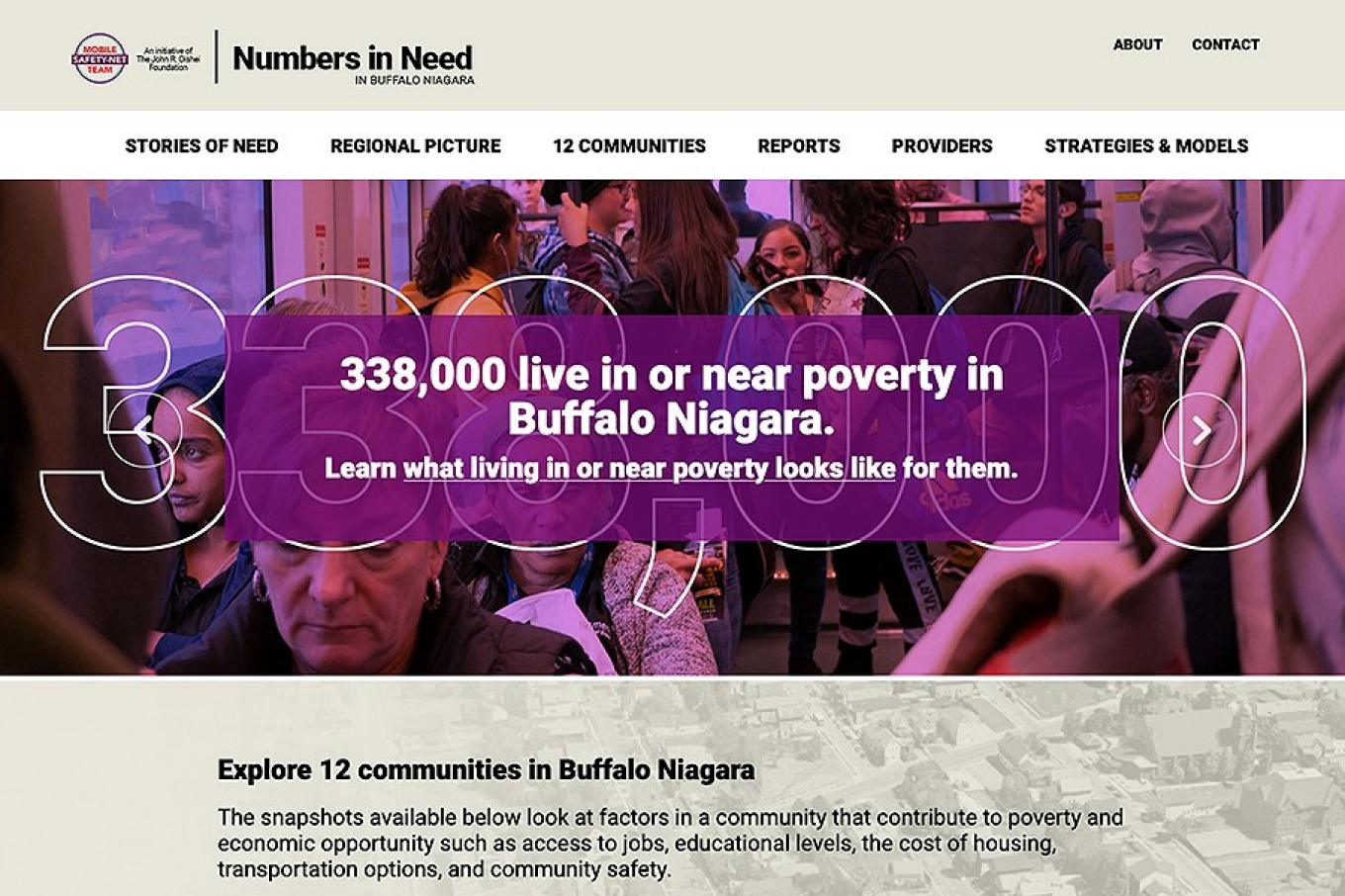 Screen capture of the "Numbers in Need" website featuring an image of a crowded bus and the words, "338,000 live in or near poverty in Buffalo Niagara.". 