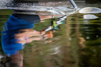 Zoom image: The water provides a reflection of Barnum as she pulls through the creek. Photo Meredith Forrest Kulwicki 