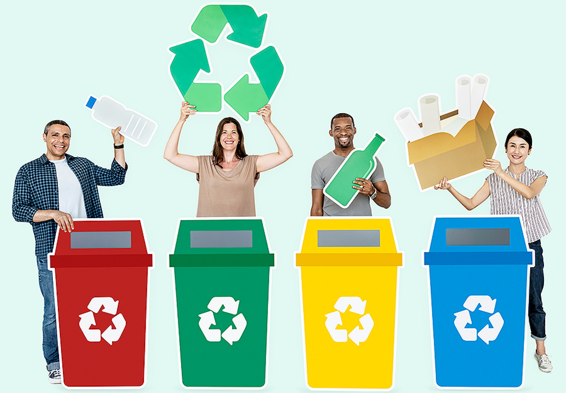 4 people standing behind 4 recycling bins.