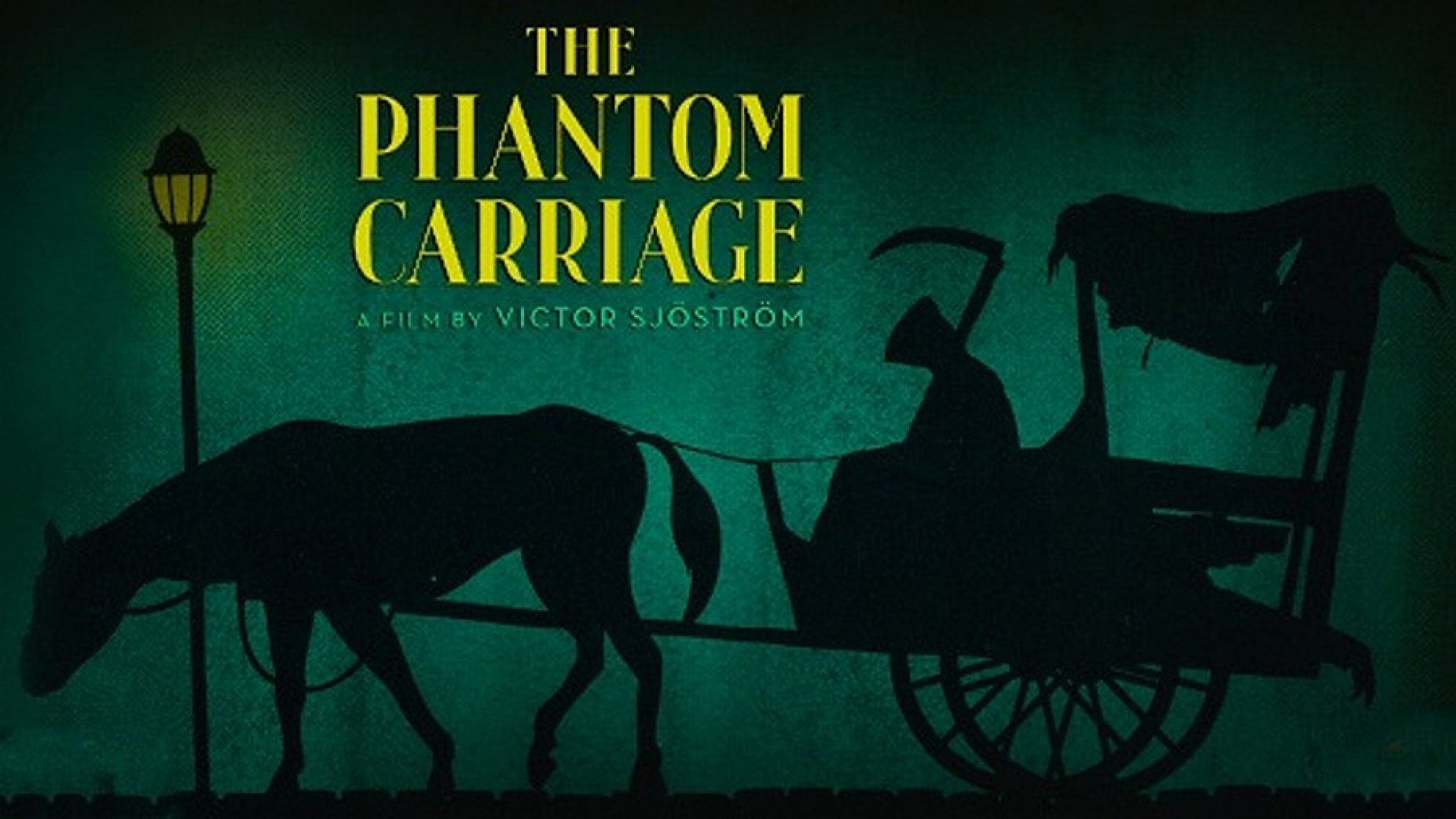 Promotional image from "The Phantom Carriage" featuring a horse-drawn carriage carrying a hooded figure with a scythe. 
