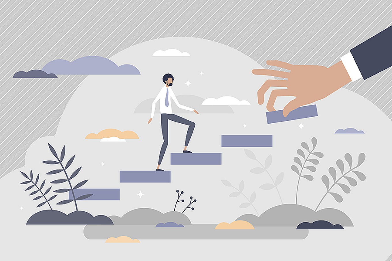 Concept of mentoring featuring a small figure climbing stairs as a larger hand places the steps down. 
