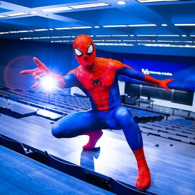 UB Spider-man pictured in a lecture hall. 