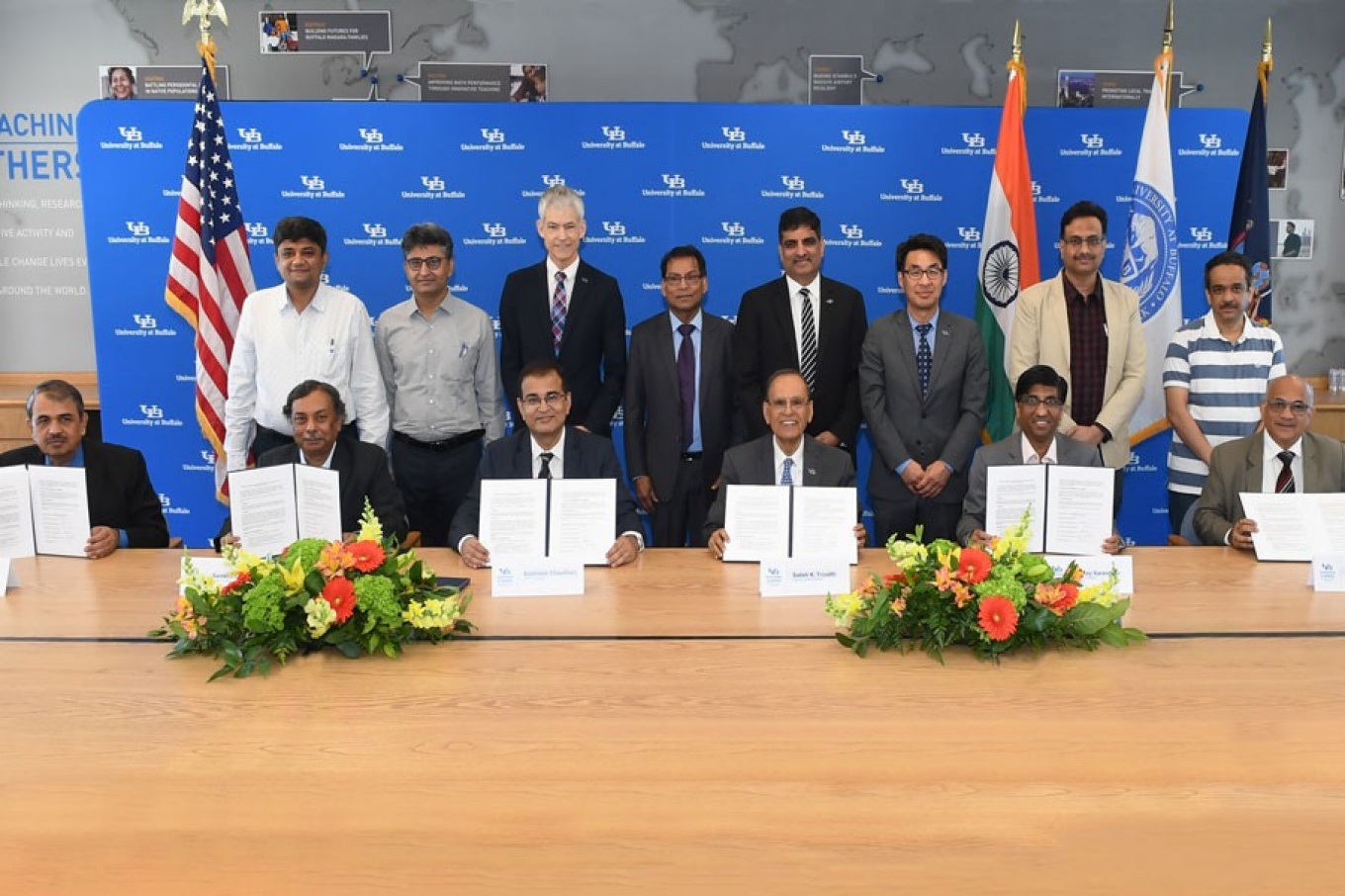 Zoom image: Participants of the UB-Indian Institutes of Technology UB-Indo Workshop. Signees of the memorandum of understanding (seated, from left): L.S. Shashidhara, dean, Ashoka University; Santanu Chaudhury, director, IIT Jodhpur; Subhasis Chaudhuri, director, IIT Bombay; UB President Satish Tripathi; Abhay Karandikar, director, IIT Kanpur; and Ashok Ganguli, deputy director, IIT Delhi. Photo: Nancy J. Parisi 