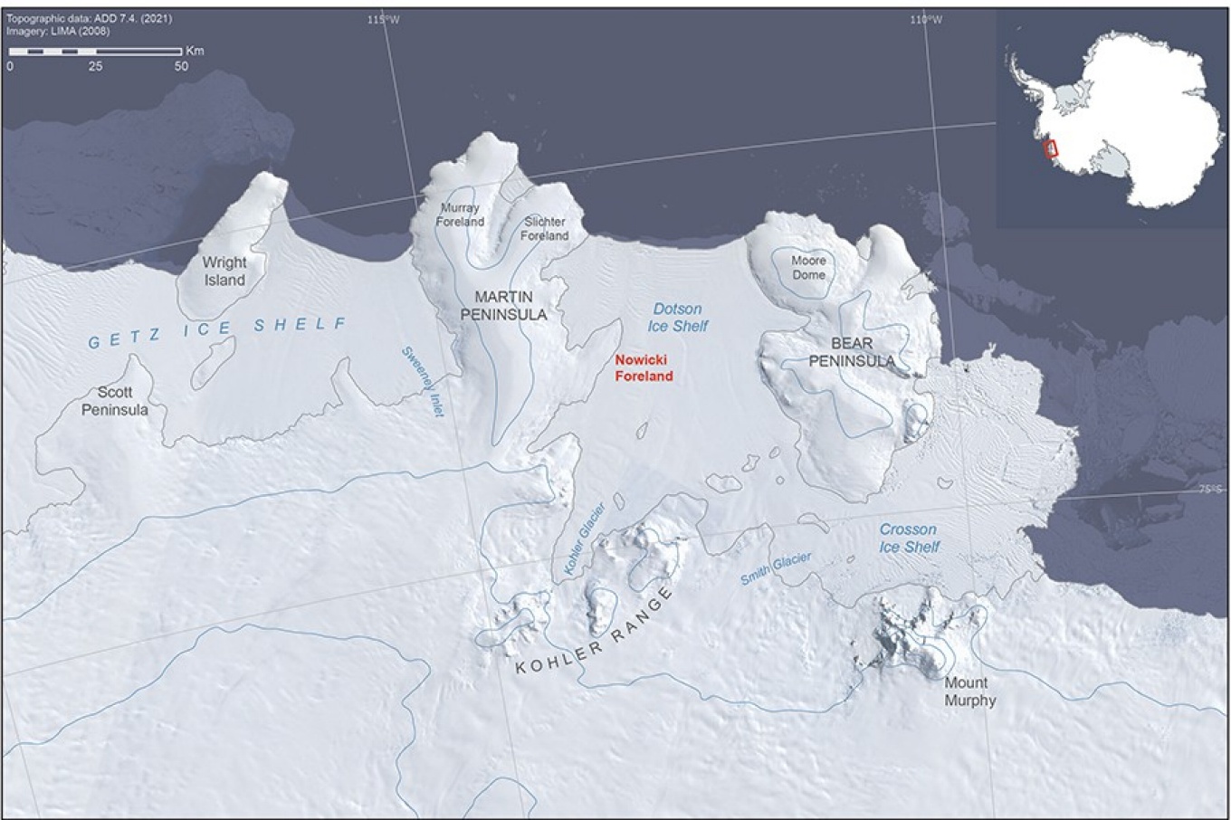 Zoom image: The Nowicki Foreland (labeled here in red) forms the eastern arm of the Martin Peninsula on the coast of Marie Byrd Land in Western Antarctica. Map: UK Antarctic Place-names Committee 