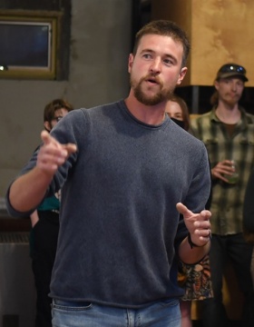 Andrew Lunetta, executive director of A Tiny Home for Good, addresses UB architecture class members during final presentations in May 2022. Photo: Nancy J. Parisi. 