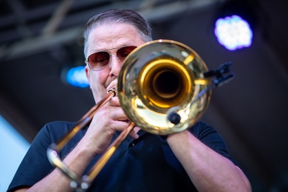 Zoom image: When the group decided to play the music of Chicago, they knew they needed great horn players. Chicago had one of the best trombone players ever, says bandmate Rick Johnston. 