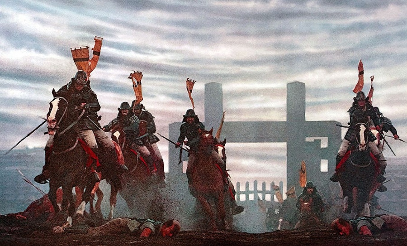 Scene from "Ran," 1985, featuring four warriors on horseback. 