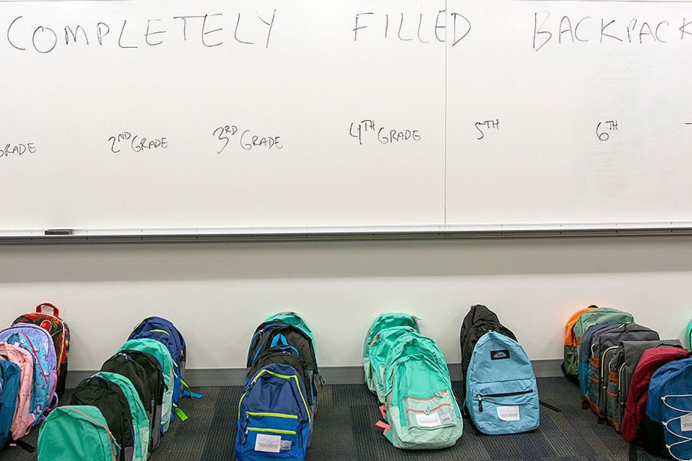 Zoom image: Volunteers filled 329 backpacks with school supplies geared toward each grade level. Photo: Sandra Kicman 