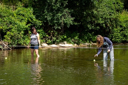 Zoom image: The tennis balls cross under a line strung across the creek. Photo: Meredith Forrest Kulwicki 