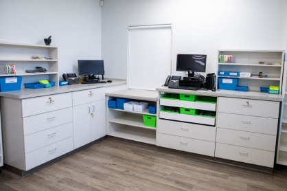 Zoom image: The new health center has an in-house pharmacy and a lab with rapid testing for HIV, pregnancy, urinalysis, mono, flu, strep throat and COVID-19. 
