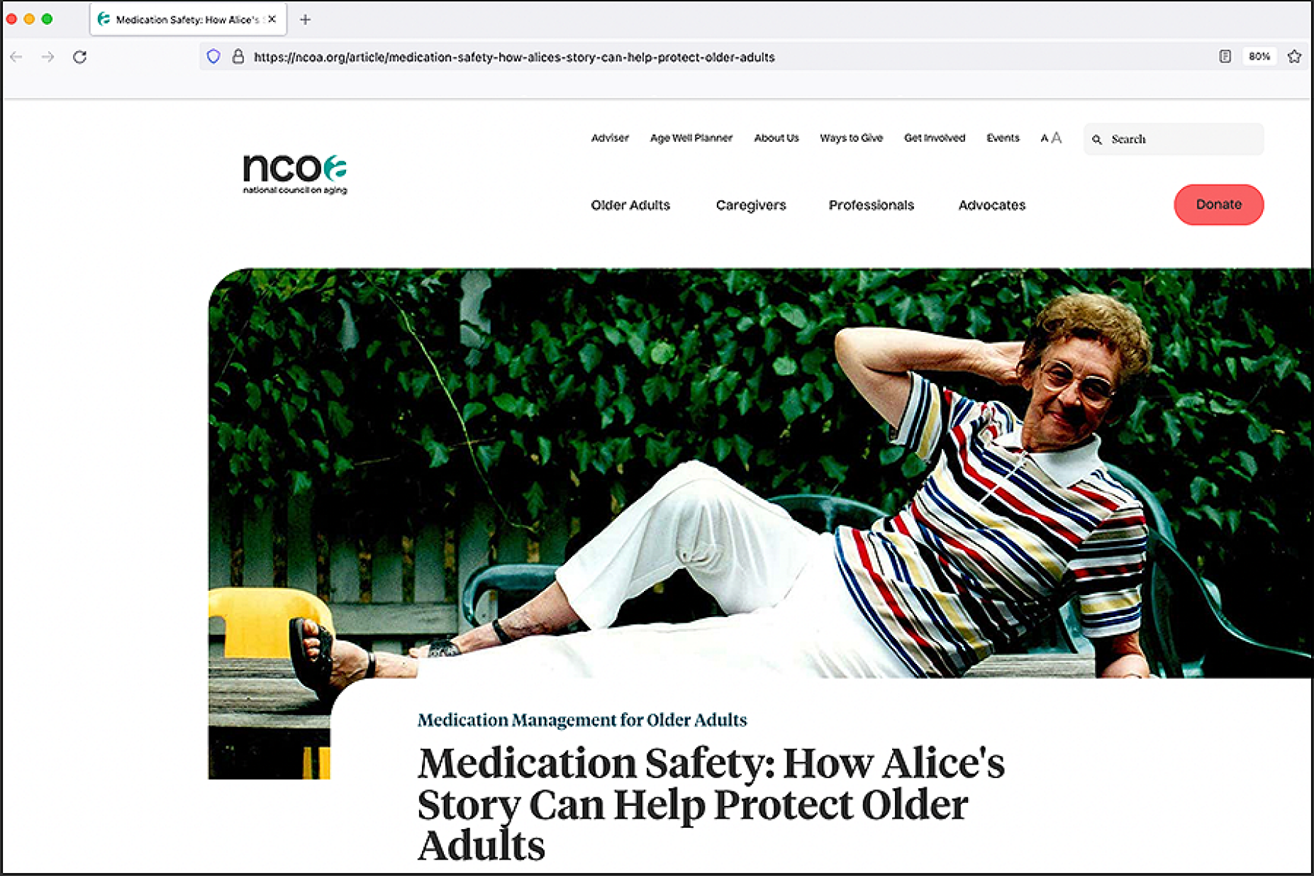 Screen shot of the NCOA website featuring a story about Alice Brennan and overmedication. 