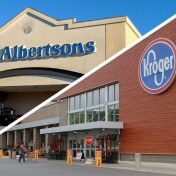 An image of a Kroger storefront and an Albertsons storefront. 