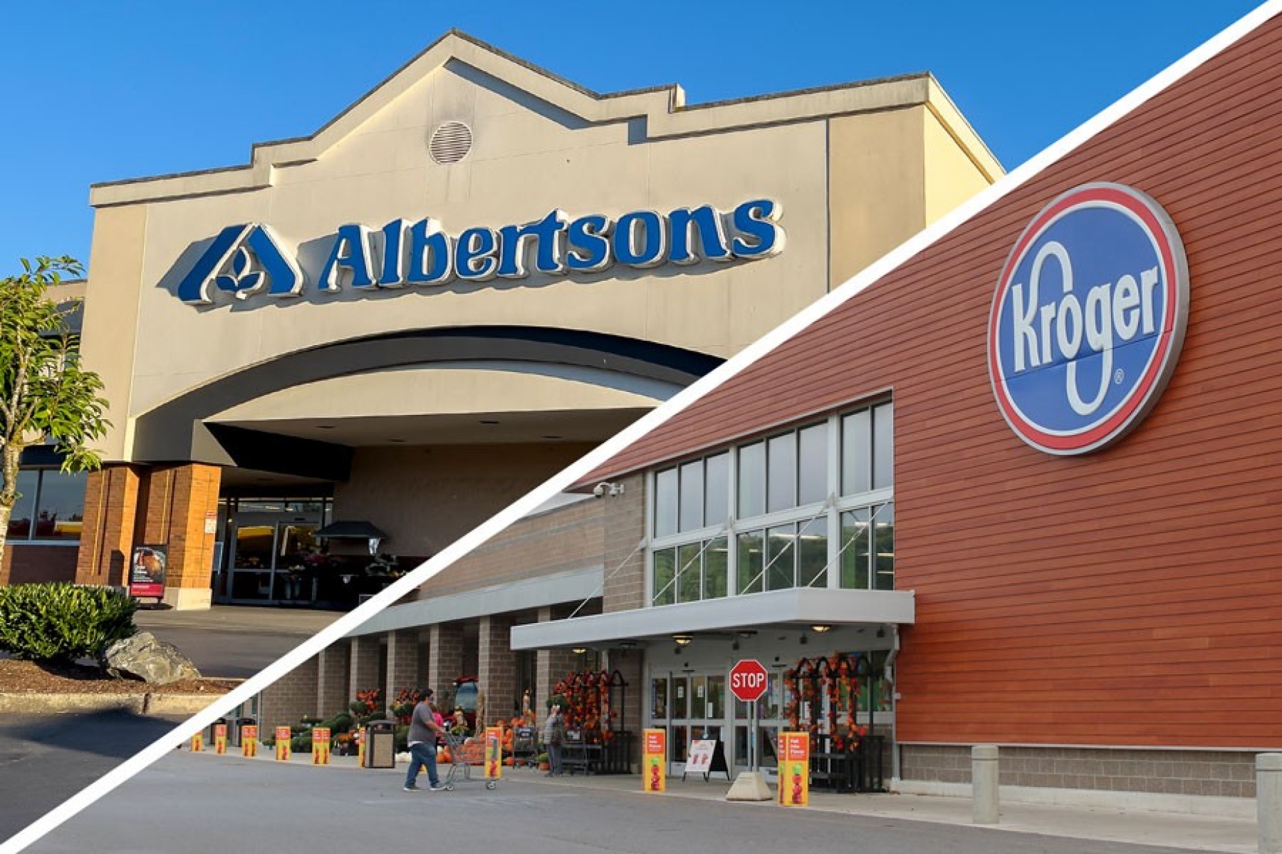 An image of a Kroger storefront and an Albertsons storefront.
