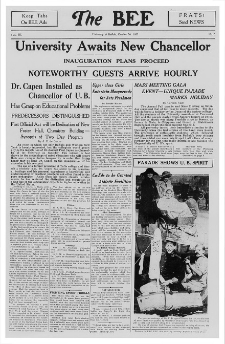 Zoom image: The inauguration of Samuel P. Capen as chancellor of the University of Buffalo is front page news in the Oct. 26, 1922 edition of The Bee, a UB student newspaper published from 1921-1950. Image: Courtesy of the University Archives 