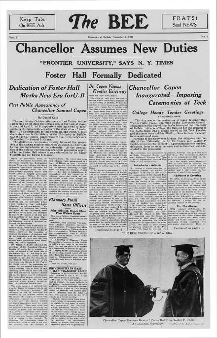 Zoom image: The Bee student newspaper continues to cover Samuel P. Capen as the new chancellor of the University of Buffalo. Image: Courtesy of the University Archives 