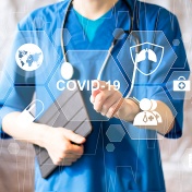 Healthcare worker with icons of various aspects of Covid-19 superimposed. 
