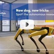 Video still featuring a yellow robot dog. 
