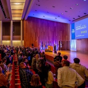 President Tripathi receives a standing ovation during his State of the University address. 